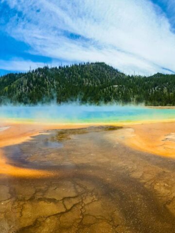 A panoramic view of the Grand Prismatic Spring in Yellowstone National Park. The image shows vivid colors of orange, yellow, and green surrounded by steam, with a backdrop of forests and a blue sky with wispy clouds.
