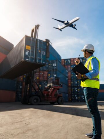 A worker in a safety vest and helmet stands in a shipping yard with stacked cargo containers, holding a clipboard and walkie-talkie as a plane flies overhead and a forklift moves a container.
