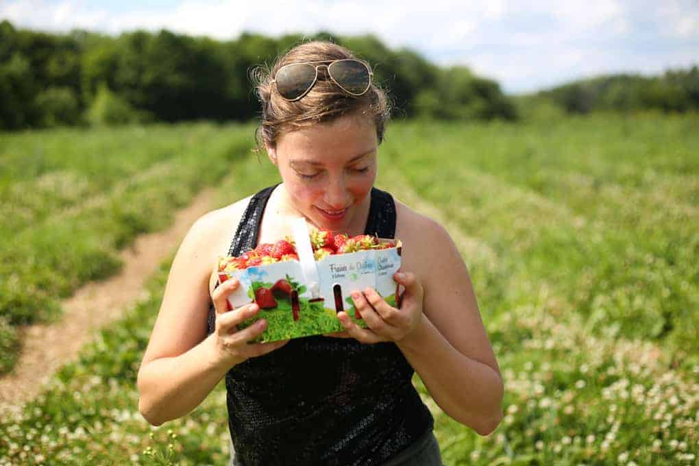 A woman stands in a sunlit strawberry field, holding two containers filled with fresh strawberries and smiling while looking down at them. She has sunglasses resting on her head.
