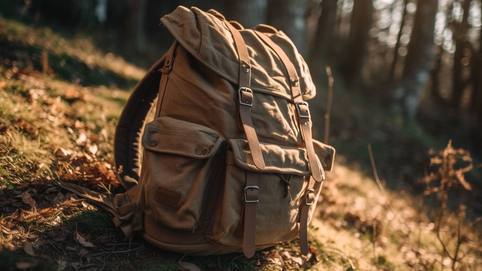 A brown canvas backpack with buckles and pockets sits on the ground in a sunlit forest clearing, surrounded by grass and fallen leaves.