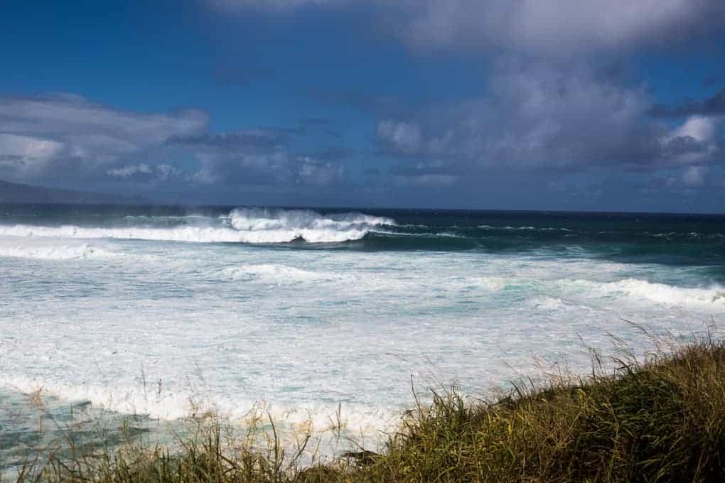Waves crash against the shore under a partly cloudy sky, with tall grass in the foreground and the ocean stretching to the horizon.