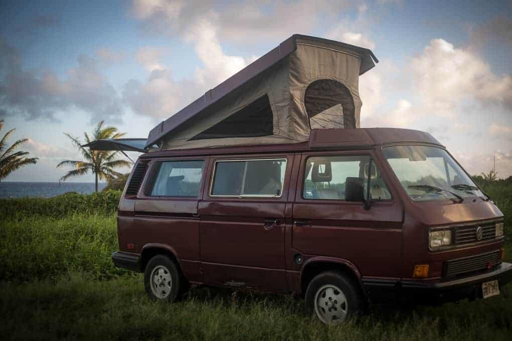 A maroon camper van with a pop-up roof is parked on grass near palm trees, with the ocean and a cloudy sky visible in the background.