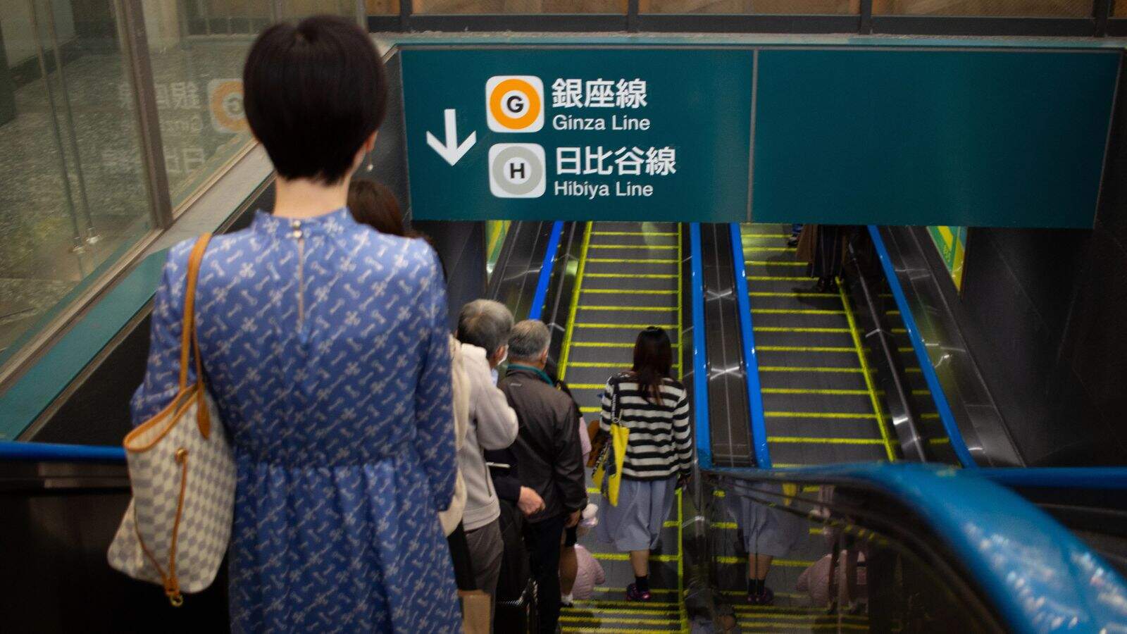 People stand on an escalator going down toward the Ginza and Hibiya subway lines, following a sign with Japanese and English text. The scene is indoors and the passengers are facing away from the camera.