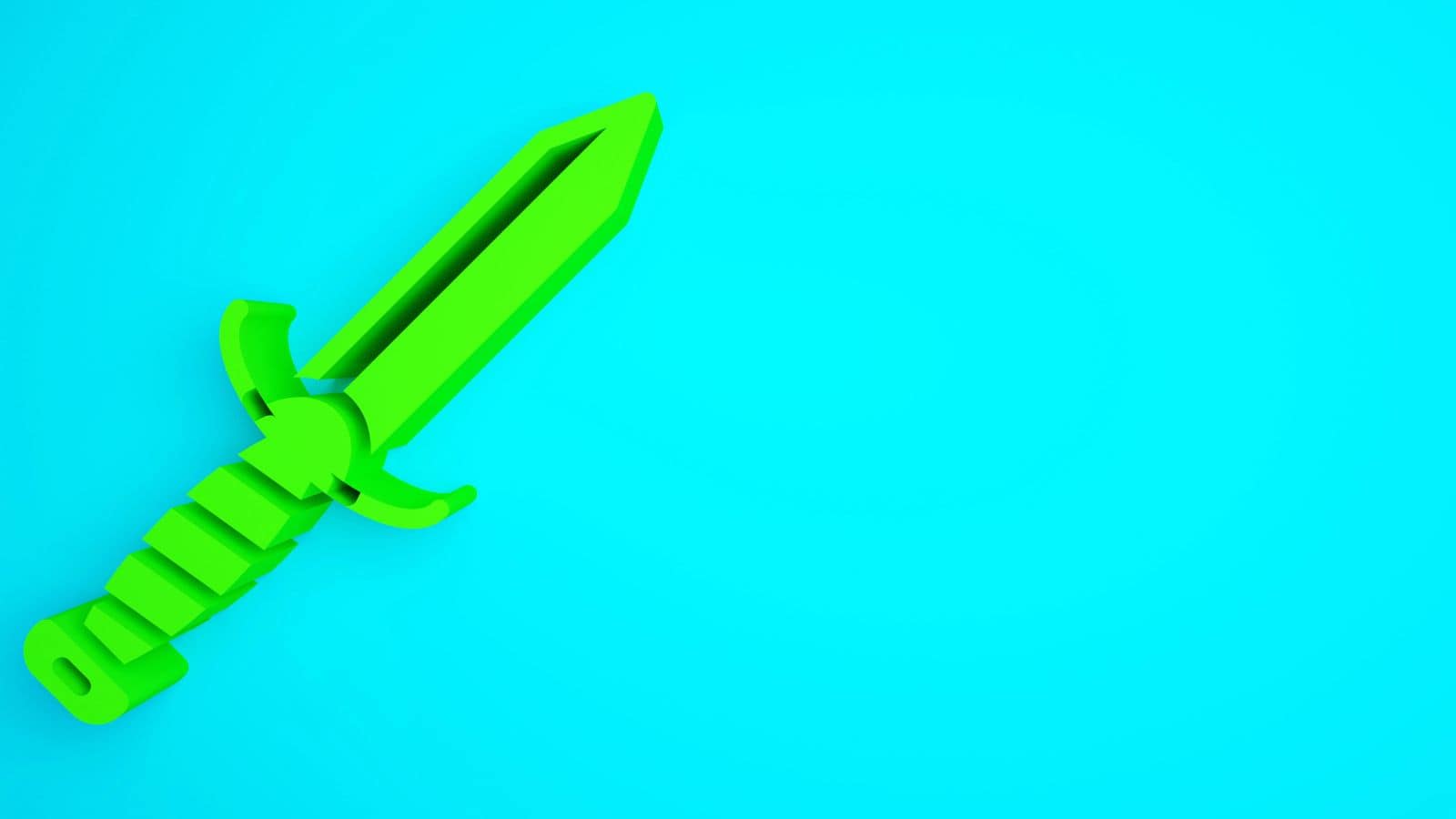 A solid green toy sword with a simple design lies on a bright blue background, positioned towards the left side of the image with ample empty space on the right.