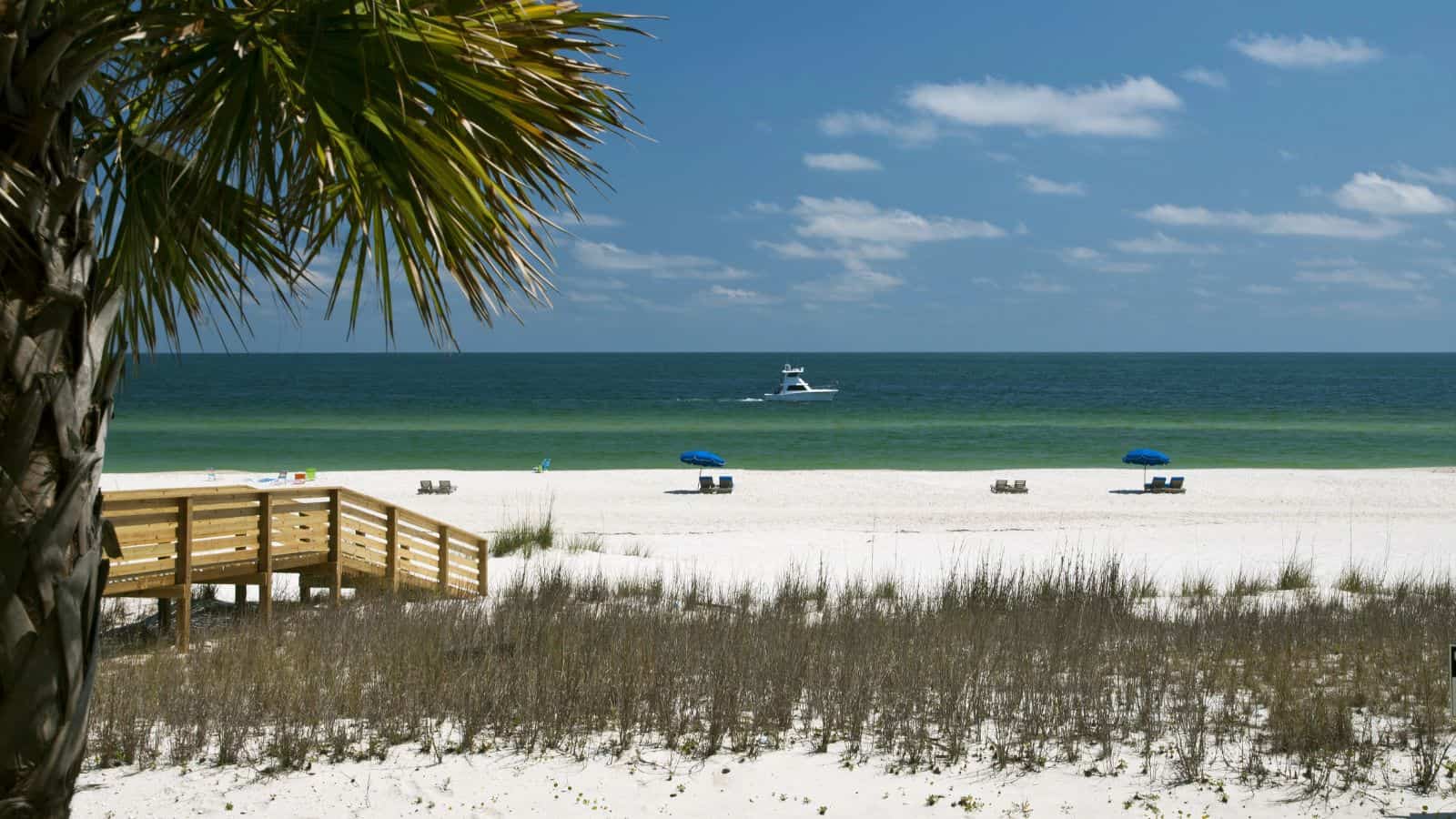 A sandy beach with sparse grass, a wooden walkway, several blue umbrellas and lounge chairs, and a boat on the water under a blue sky with scattered clouds. A palm tree is visible in the left foreground.