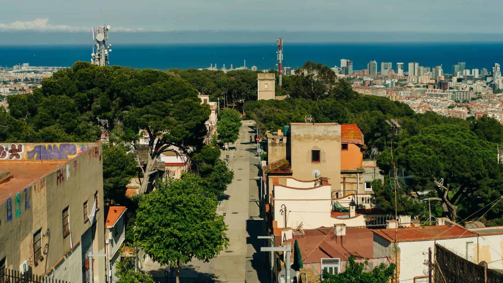 View of a quiet street lined with trees and buildings, leading towards a city skyline with tall buildings near the coastline and sea in the background under a clear sky.