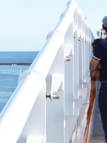 A person wearing a blue shirt and cap stands on the deck of a ship, looking out over calm blue water with a clear sky and coastline visible in the distance.