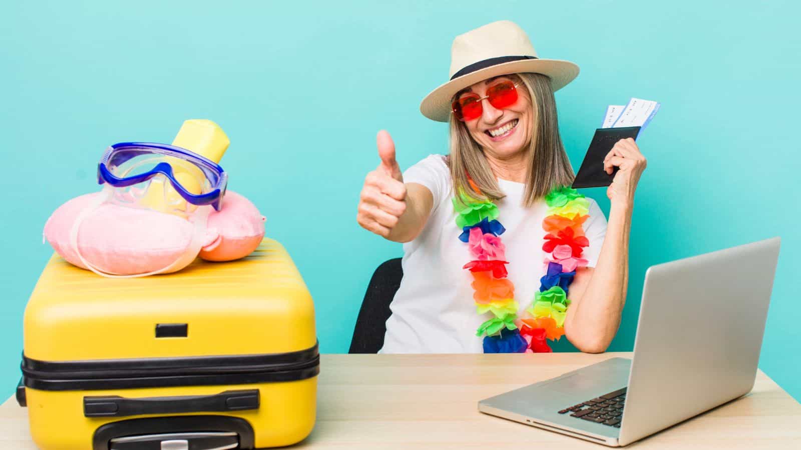 A smiling woman in a hat and sunglasses gives a thumbs-up while holding travel tickets. She sits by a yellow suitcase with a snorkel set and a laptop, wearing a colorful lei, against a turquoise background.