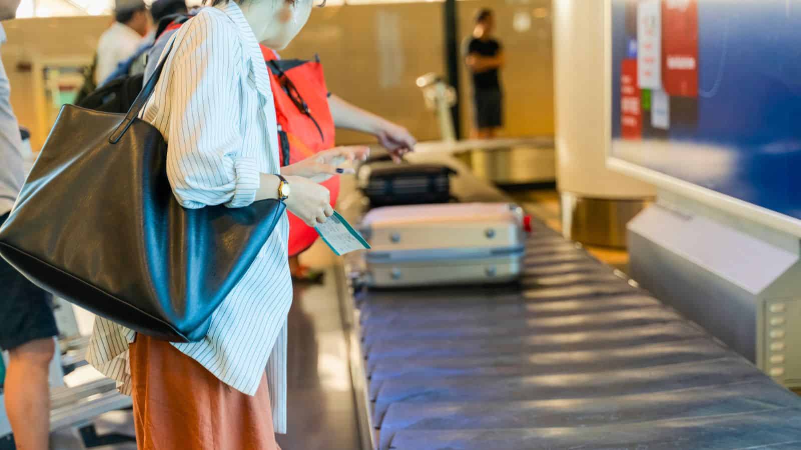 People wait at an airport baggage claim area, watching luggage on a conveyor belt. One person is holding a large black bag and a boarding pass, while another reaches for a suitcase.