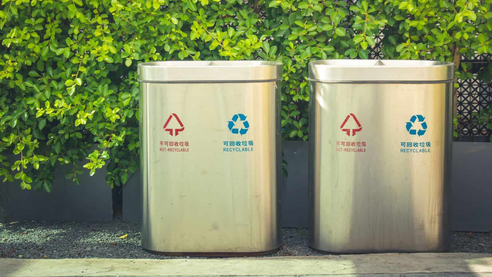 Two stainless steel trash bins stand side by side in front of green foliage. One is labeled "Not Recyclable," and the other "Recyclable," with symbols and bilingual text in English and Chinese.
