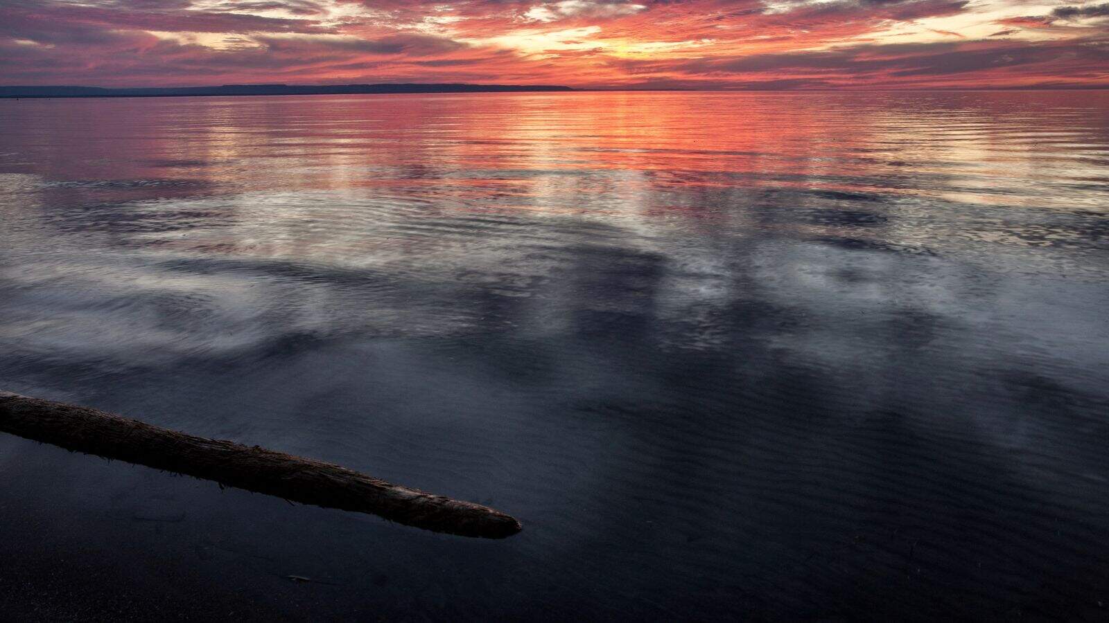 A calm lake reflects a colorful sunset sky with pink, orange, and purple clouds. A log rests in the shallow water near the shoreline in the foreground. Distant land is visible on the horizon.
