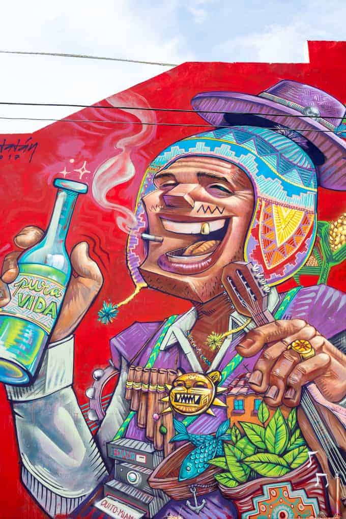 Colorful mural of a smiling man in traditional clothing holding a bottle, with vibrant patterns and plants.