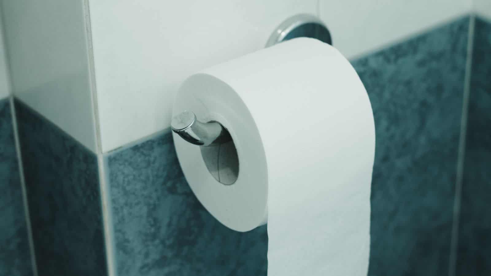 A roll of toilet paper hanging on a metal holder mounted on a tiled bathroom wall.