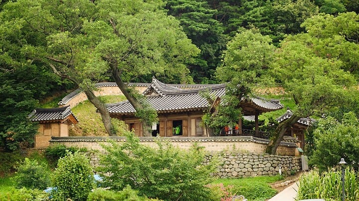Traditional Korean house with tiled roof surrounded by lush green trees and stone walls.