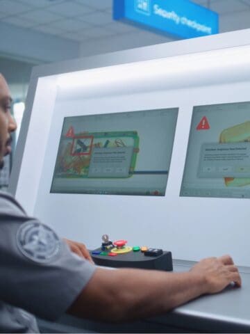 A TSA agent sits at a control panel, examining two monitors displaying X-ray scans of luggage with highlighted surprising items and warning symbols in an airport or security checkpoint setting.