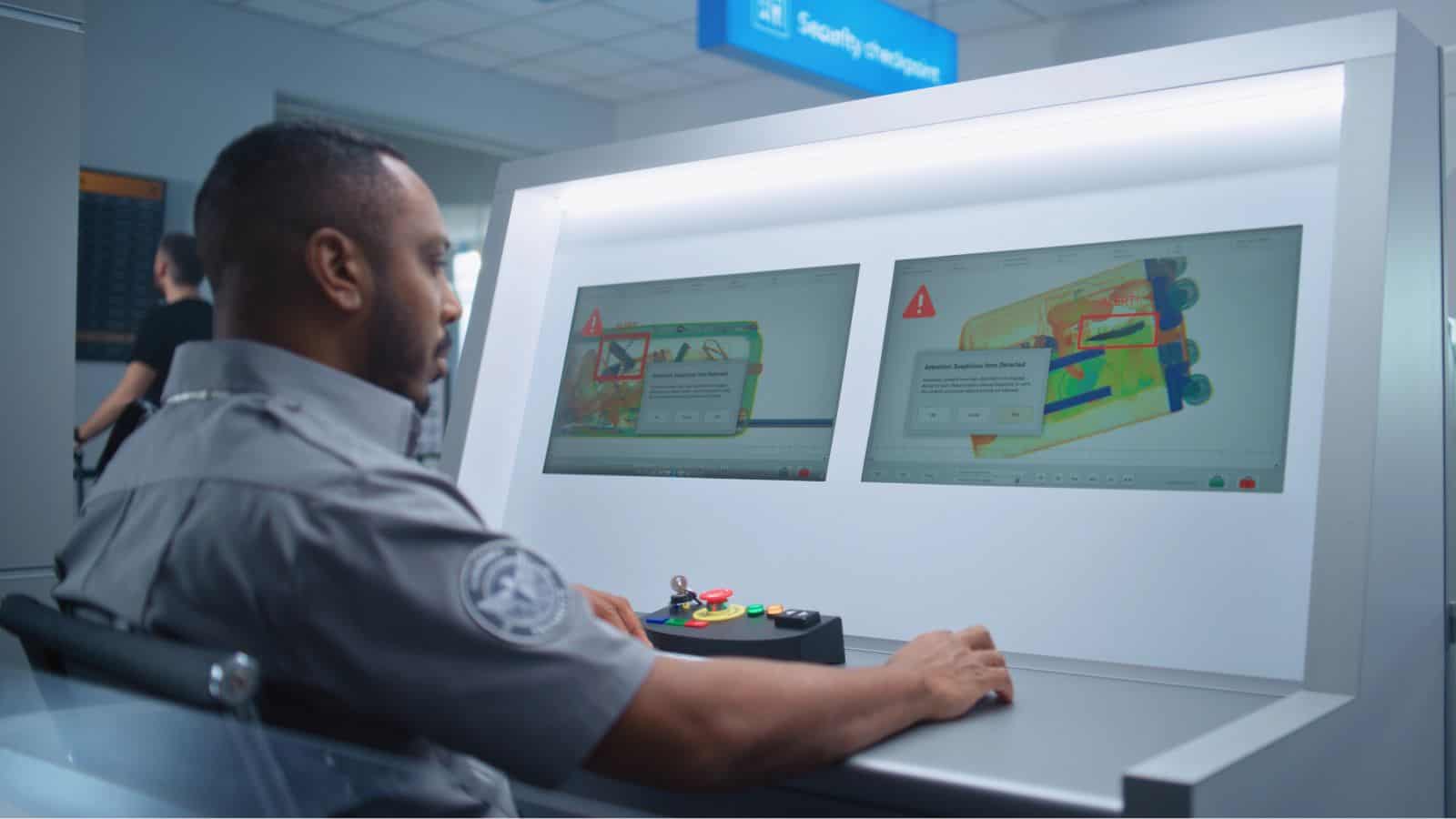 A TSA agent sits at a control panel, examining two monitors displaying X-ray scans of luggage with highlighted surprising items and warning symbols in an airport or security checkpoint setting.