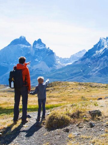 Adult and child holding hands, looking at distant snow-capped mountains in a vast, grassy landscape.