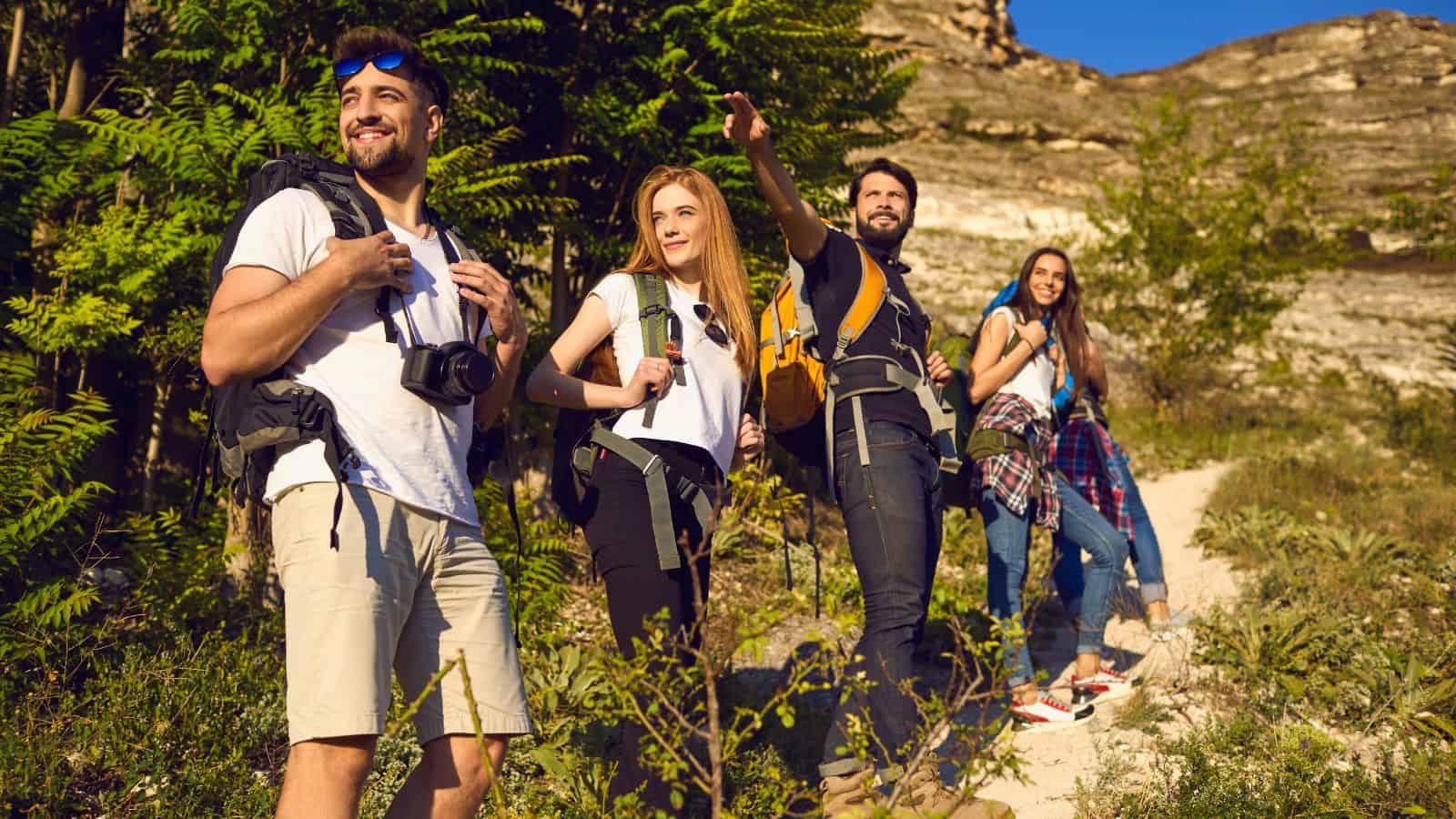 Four young adults hiking on a sunny day, smiling and looking at scenic hills and greenery.