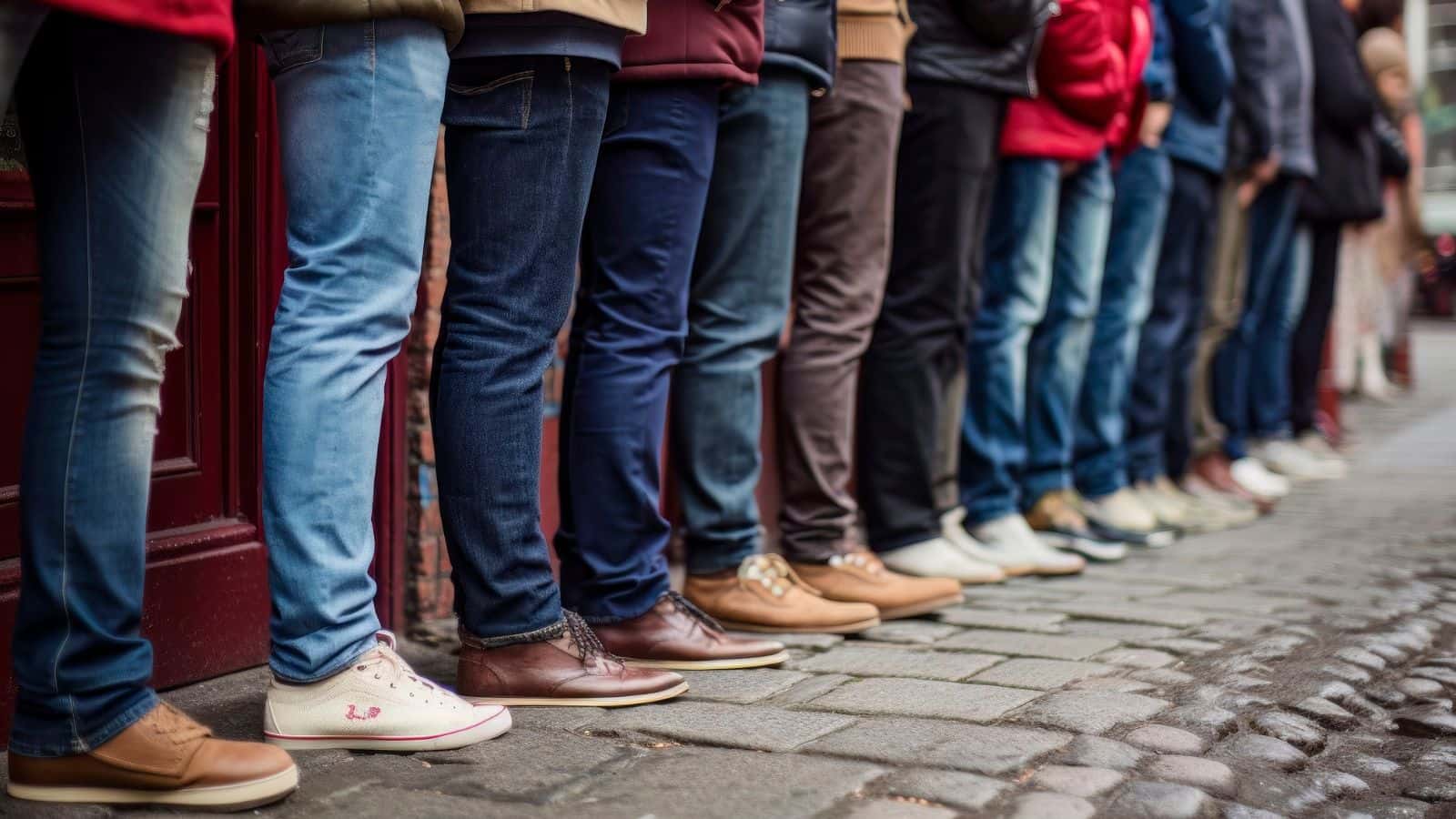 A row of people standing on a cobblestone street, showing only their legs and various types of shoes.