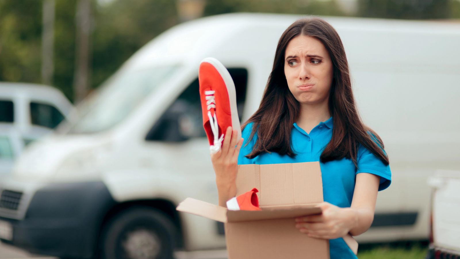 A woman in a blue shirt stands outdoors holding a cardboard box, looking at a red sneaker with a jealous expression, as if wishing for the U.S. things she sees in other countries. A white van is parked in the background.