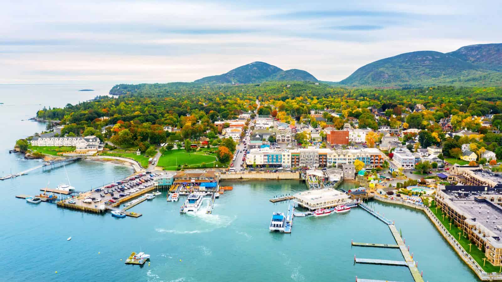 Aerial view of a coastal town with colorful buildings, docks, boats, and tree-covered hills in the background.