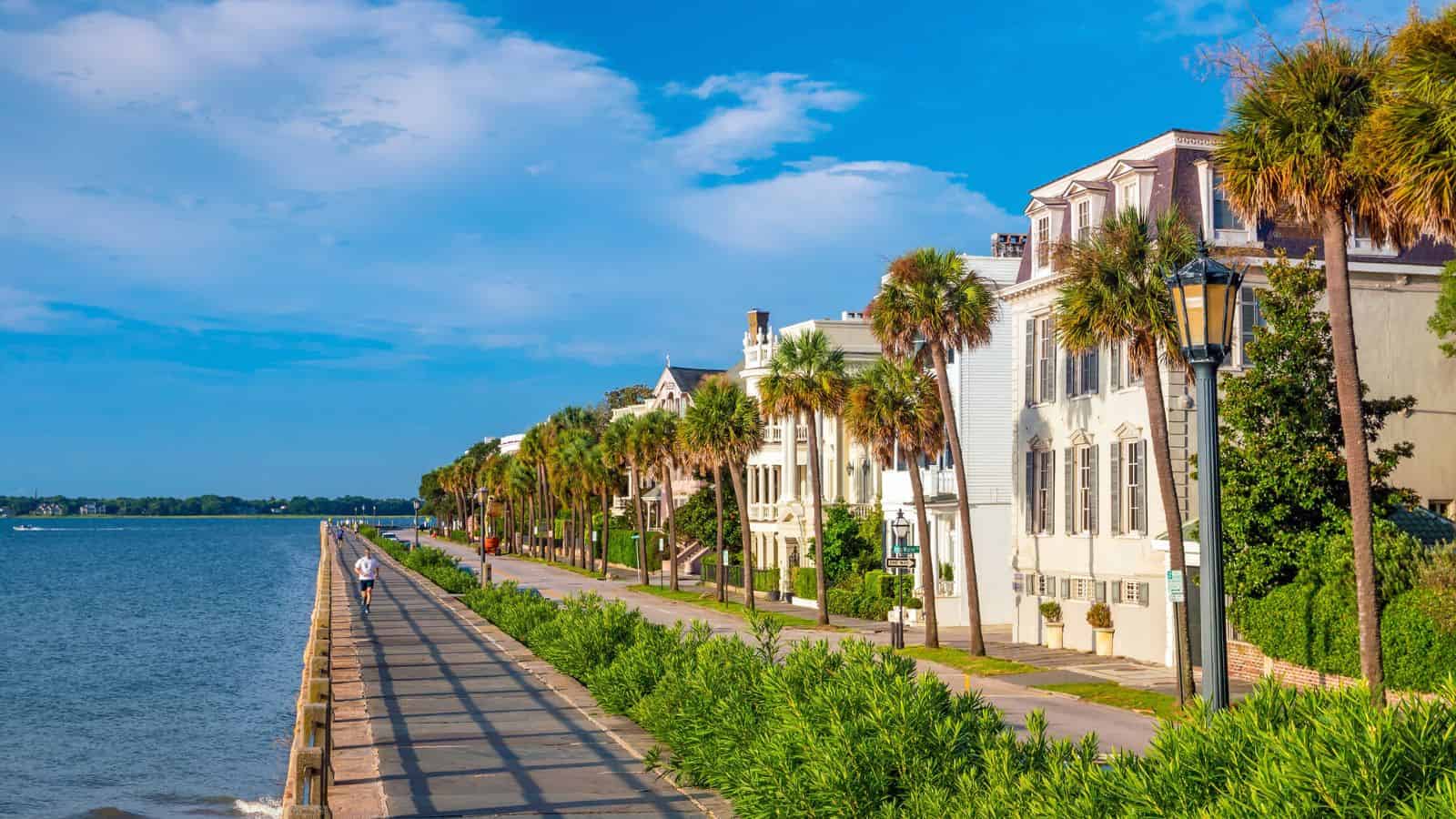 A sunny waterfront promenade lined with palm trees and historic houses beside a calm body of water.