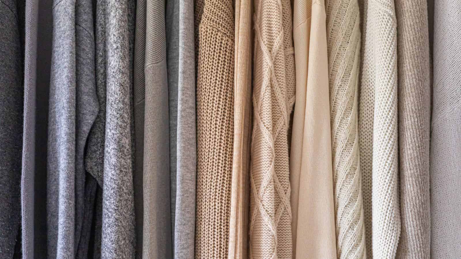 A row of neutral-colored sweaters and cardigans hanging side by side on a clothing rack.