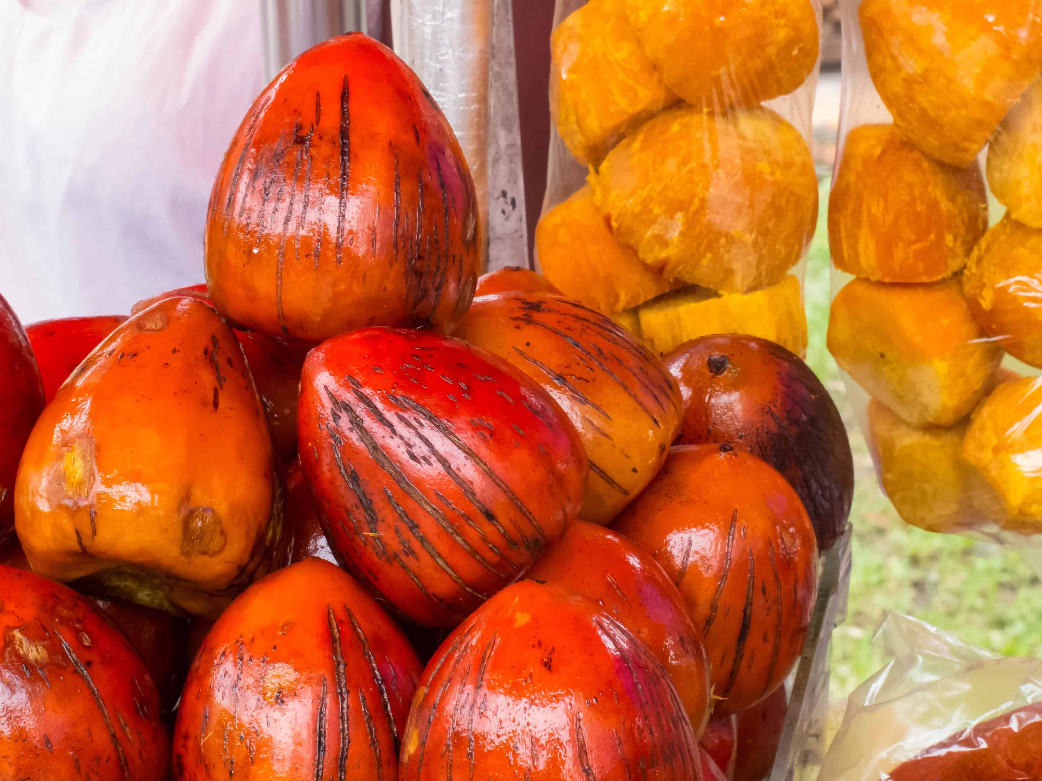 A pile of bright orange peach-palm fruits, one of many exotic Colombian fruits, with packaged yellow pieces in the background.