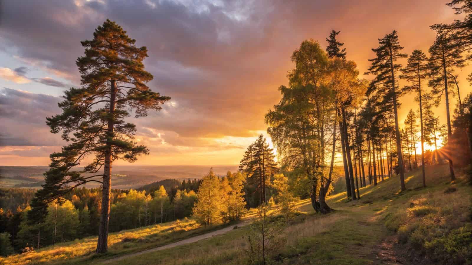 Sunset over a forested hillside with tall trees and golden light shining through the branches.