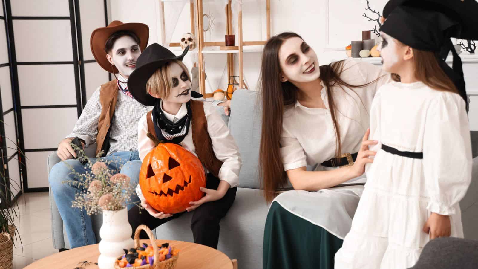 Family in Halloween costumes with face paint, sitting on a couch, holding a carved pumpkin and smiling.