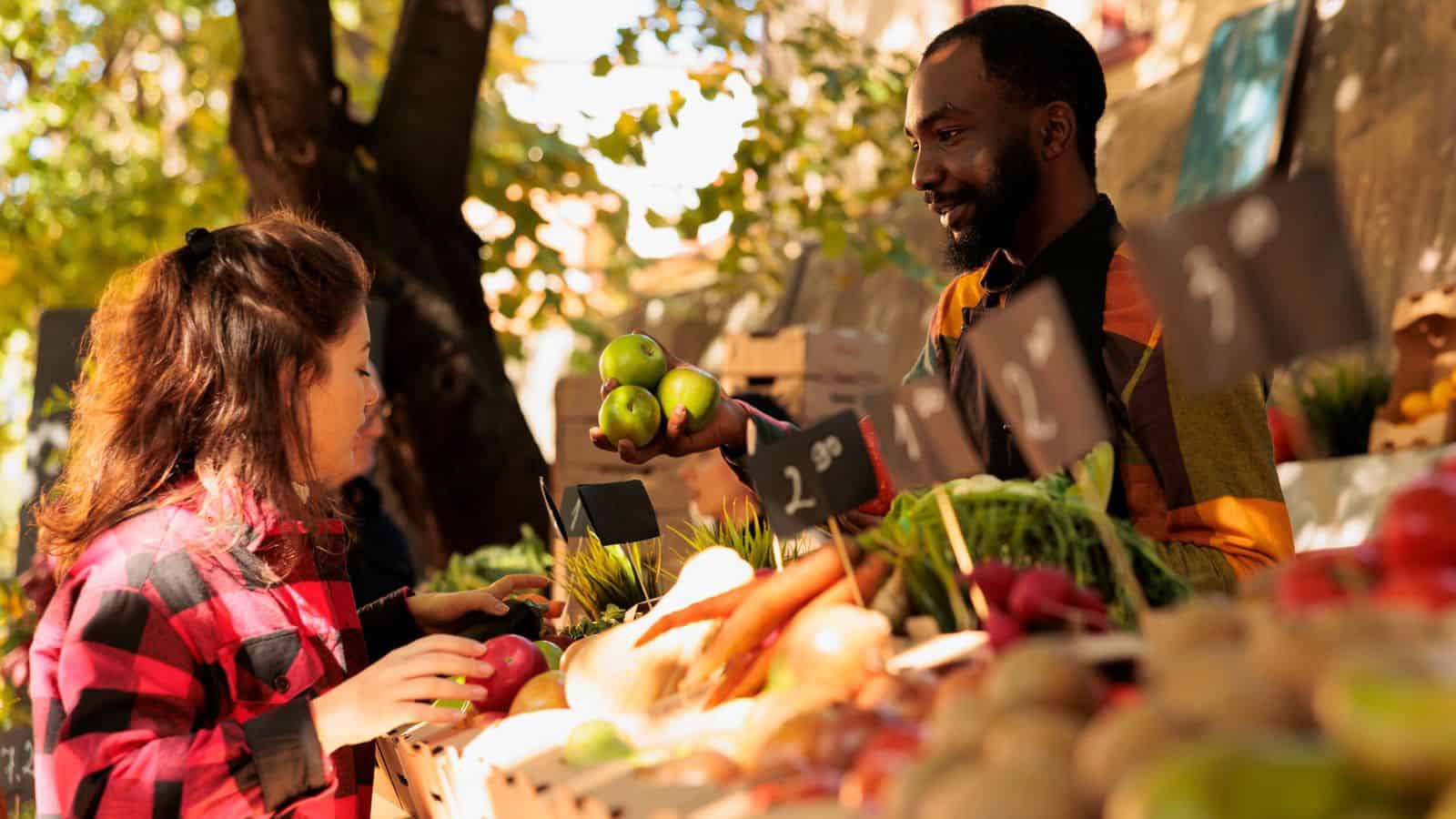 A vendor hands green apples to a woman at an outdoor market produce stand on a sunny day.