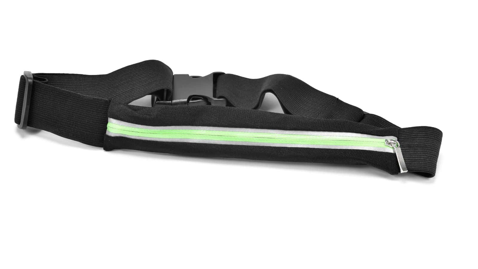 Black waist belt with a green zipper and plastic buckle, designed for carrying small items, on white background.