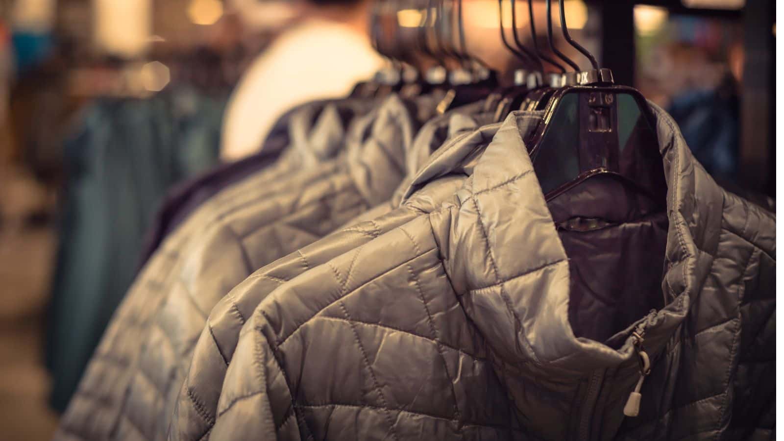 Gray quilted jackets hanging on black plastic hangers in a clothing store.
