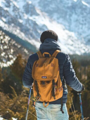 Person with a backpack hiking in snowy mountains, surrounded by trees and rocky peaks under a blue sky.