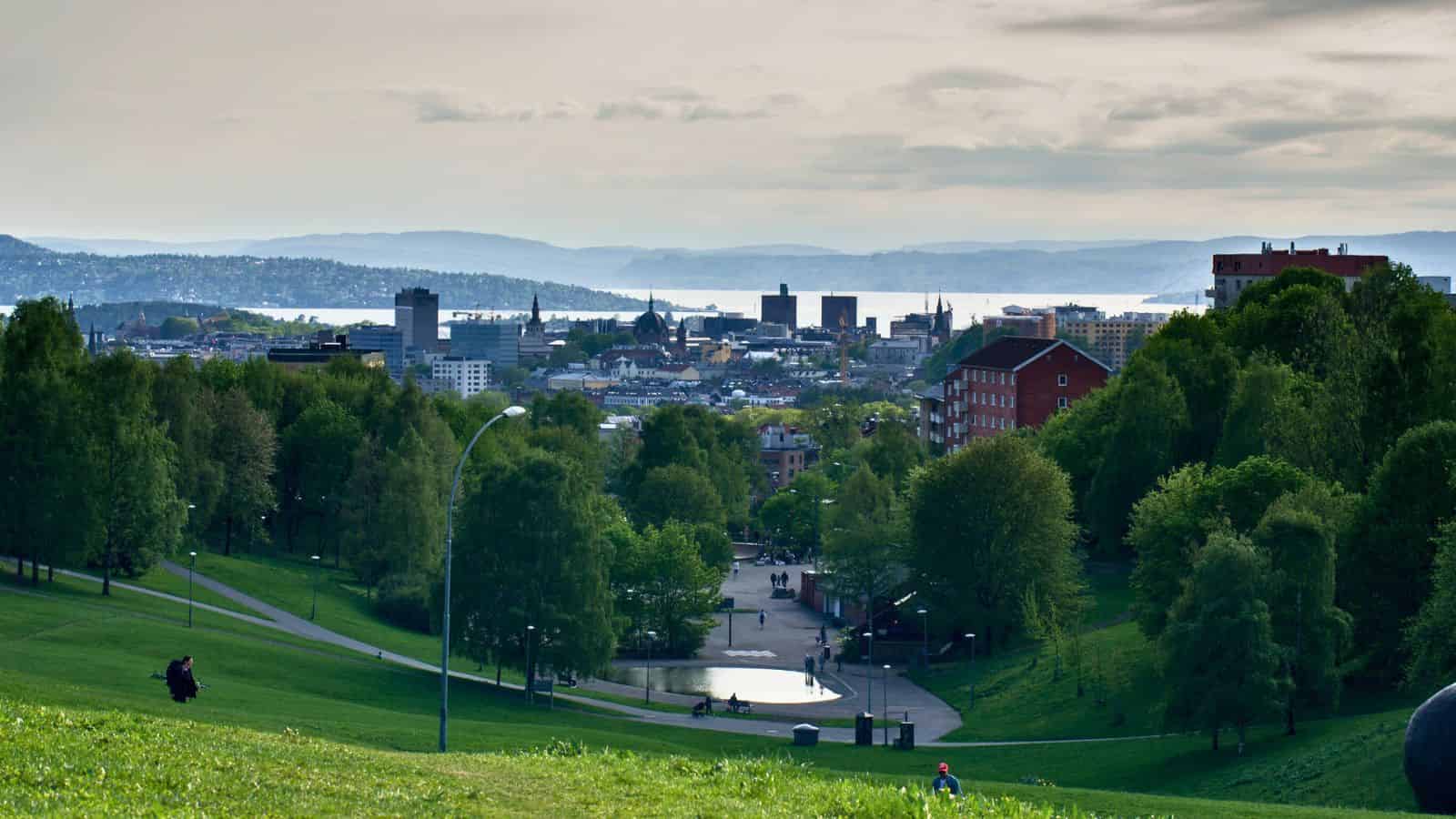 Cityscape view from a green park hill, with trees, distant buildings, and water in the background.