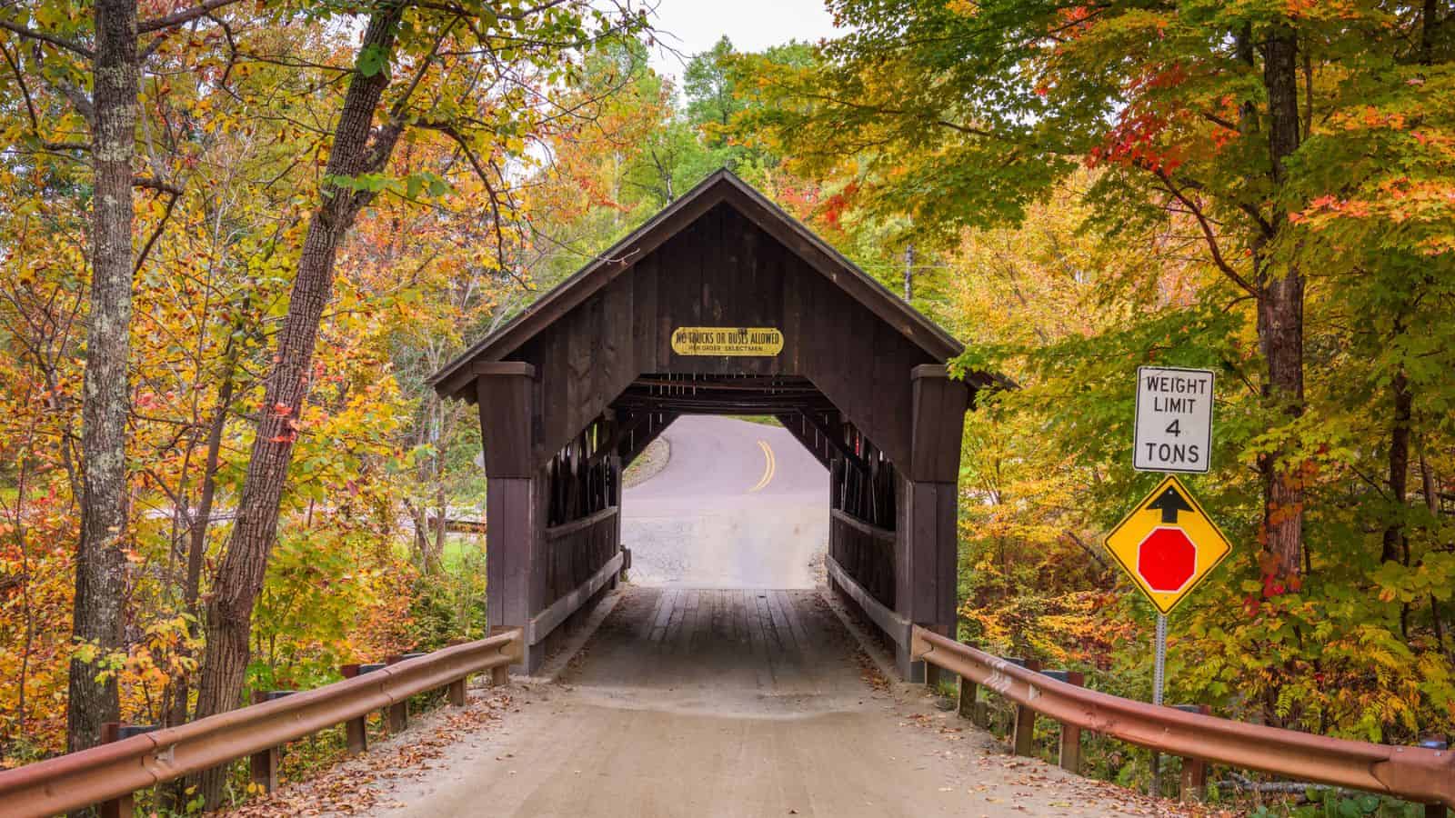 A wooden covered bridge surrounded by colorful autumn trees, with road signs at the entrance.
