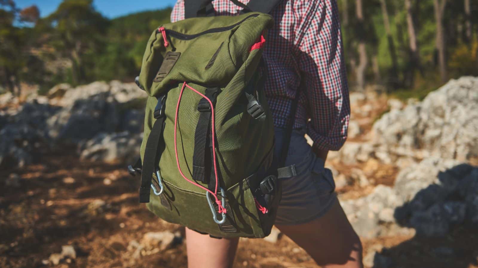 Person wearing a green backpack and plaid shirt standing outdoors on a rocky, sunlit trail in the woods.