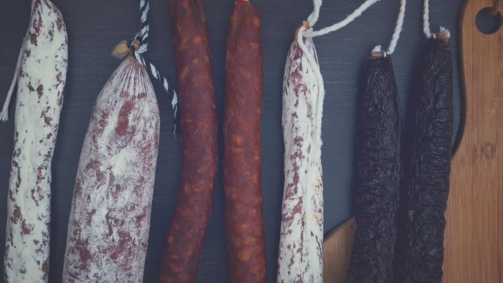 Assorted cured sausages hanging on strings against a dark background with a wooden board on the right.