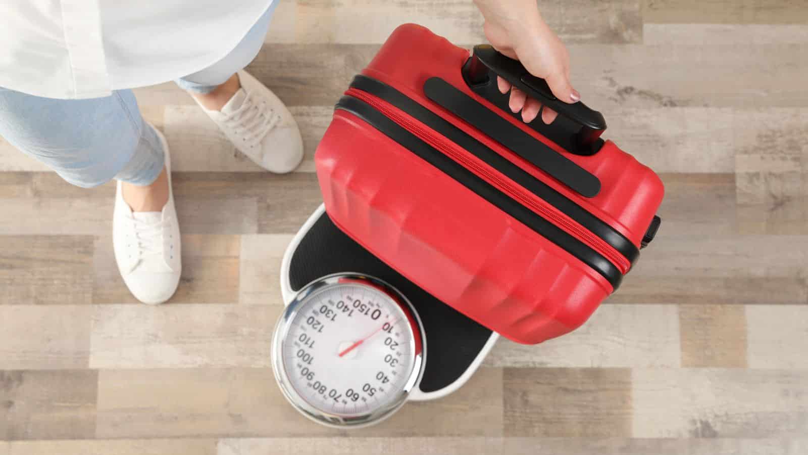 Person holding a red suitcase standing on a scale, weighing the suitcase on a wooden floor.