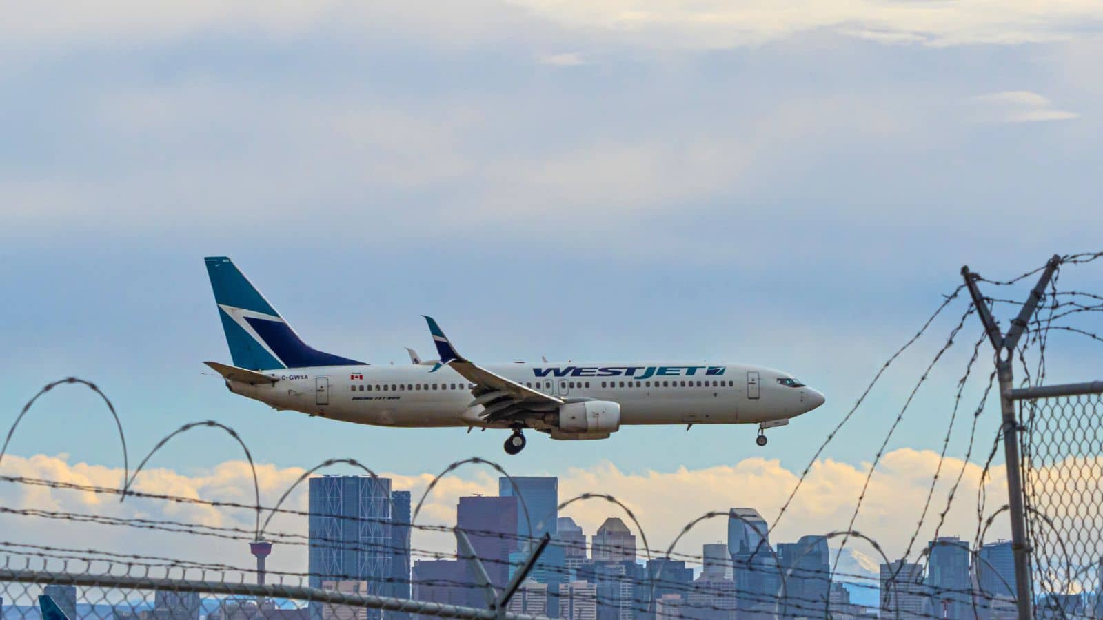 A WestJet airplane landing near a city skyline, with barbed wire fence in the foreground.