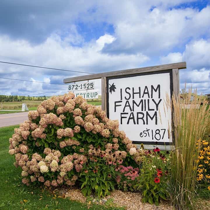 A wooden sign reads "Isham Family Farm est 1871" beside blooming hydrangeas and a country road, marking the entrance to one of the area's best pumpkin patches.