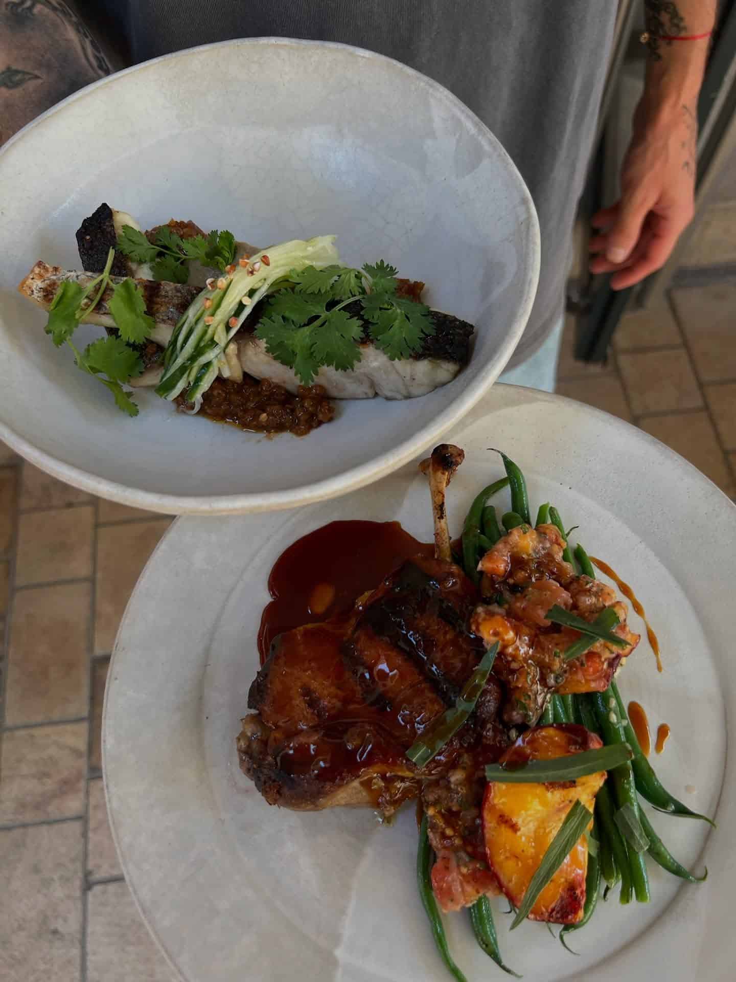 A person holding two plates: one with grilled fish and herbs, the other with meat, green beans, and peaches—perfect for savoring the flavors of Marseille on your France itinerary.