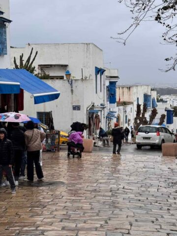 People stroll along a wet, cobblestone street lined with white buildings and blue windows in a lively market area, perhaps enjoying a 7-day ternary Msc Fantasia adventure.