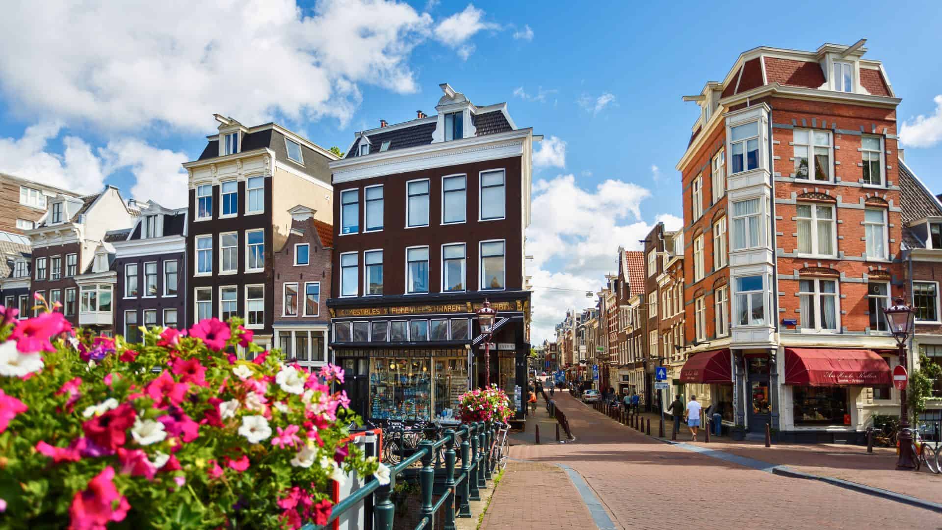 Colorful flowers by a canal with tall, classic Amsterdam buildings under a blue sky with clouds.