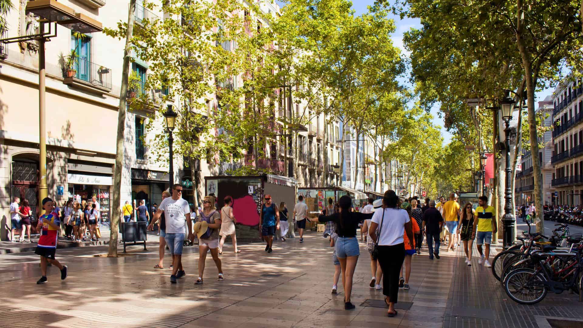 People walk along a sunny, tree-lined street with shops and bicycles in an urban setting.