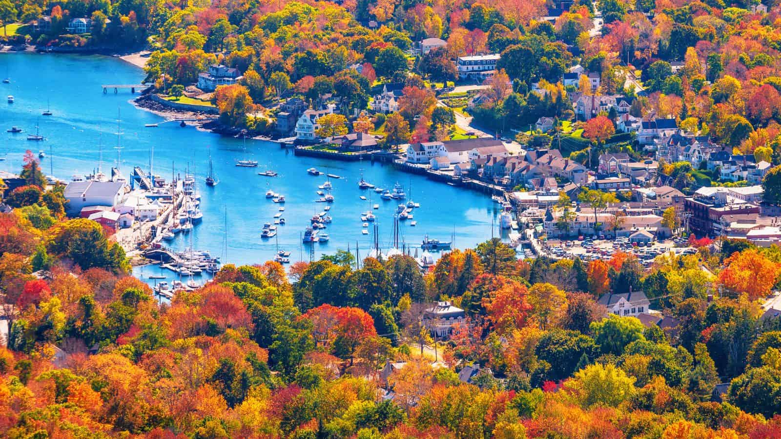 A harbor with boats is nestled in one of those charming small towns, surrounded by colorful autumn trees and houses under a bright, clear sky.