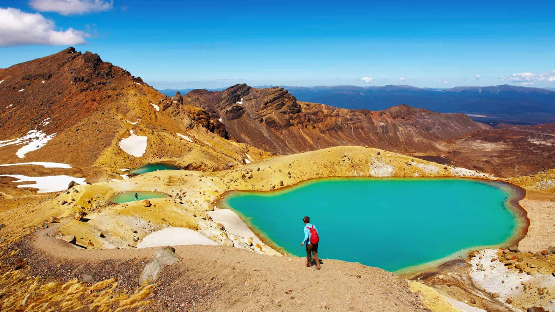 A hiker overlooks turquoise lakes surrounded by rocky, brown mountains under a clear blue sky.