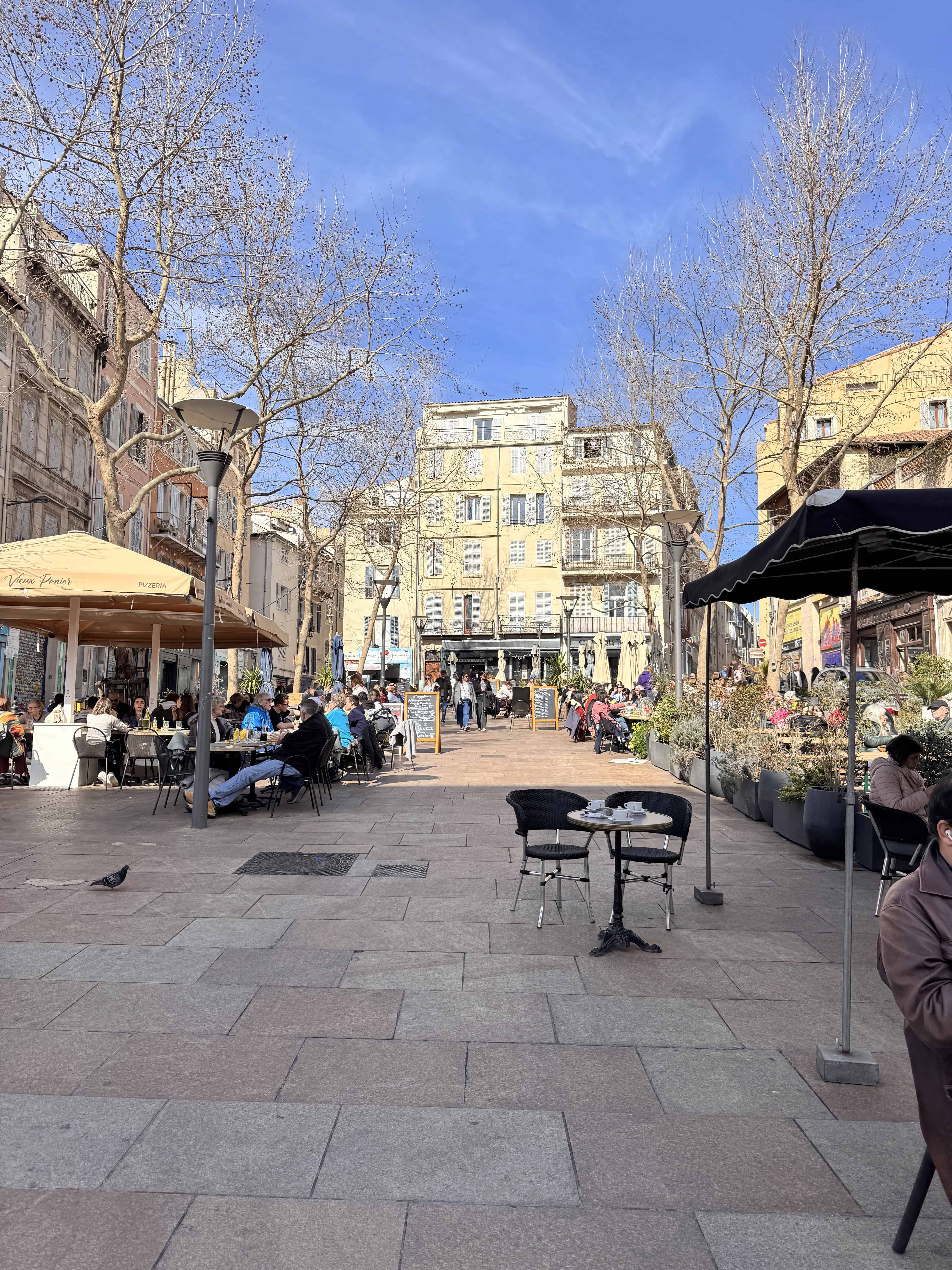 Outdoor cafe scene in a sunny European square in Marseille, France, with people sitting at tables and leafless trees lining the street—an inviting stop on any itinerary.