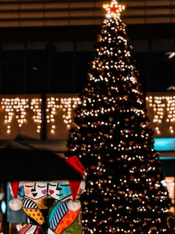 A lit Christmas tree and festive lights glow at night, with a person holding an umbrella in the foreground.