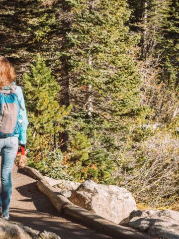 A woman with a backpack hiking on a forest trail surrounded by rocks and tall trees.